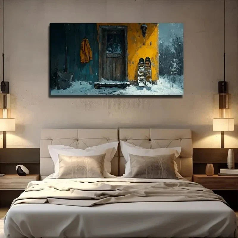Snowy Cabin Scene Wall Art Canvas Office Home Room Framed 120x60cm