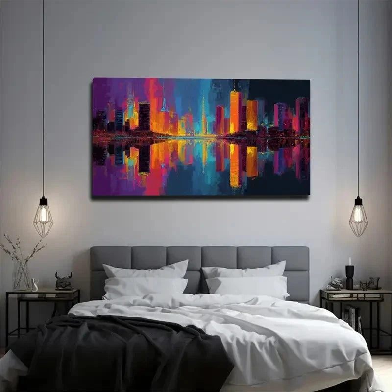Multicolor Night Skyline Paint Wall Art Canvas Office Home Room Framed 120x60cm