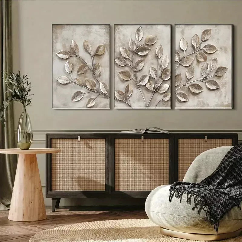 3pcs  Metallic Leaf Branch Triptych Wall Art Set Canvas Framed 40x60cm - High Quality Print 100% Australian Made Wall Canvas Ready to Hang