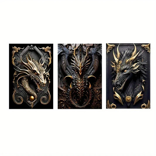 3pcs Abstract Black And Gold Dragons Metal Print Ready to Hang Art