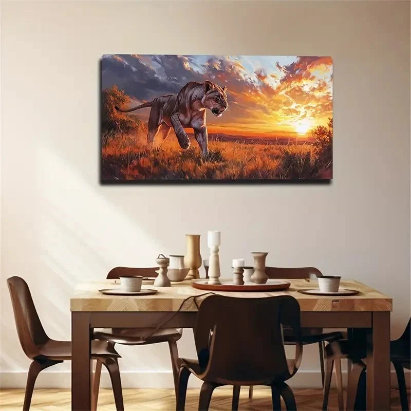 Sunset Lion Savanna Wildlife Wall Art Canvas Office Home Room Framed 120x60cm