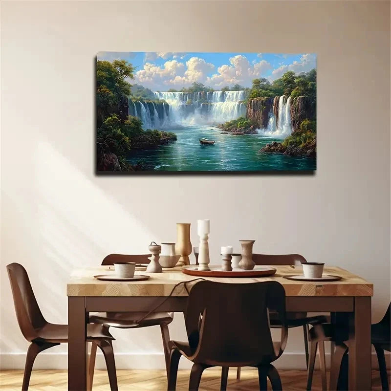 Serene Waterfall River Boat Wall Art Canvas Office Home Room Framed 80x45cm