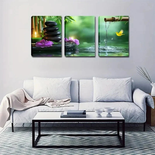 3pcs  purple Flowers & Serene Waters Wall Art Set Canvas Framed 40x60cm - High Quality Print 100% Australian Made Wall Canvas Ready to Hang