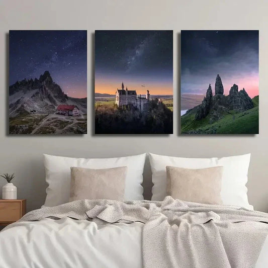 3pcs Brown and White Houses Under Rocky Hills Metal Print Ready to Hang Art