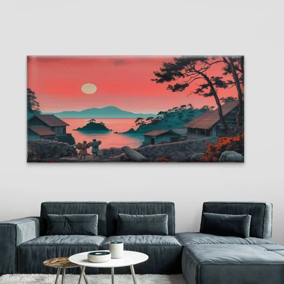 Chinese Inspired Asian Village Wall Art Canvas Office Home Room Framed 120x60cm