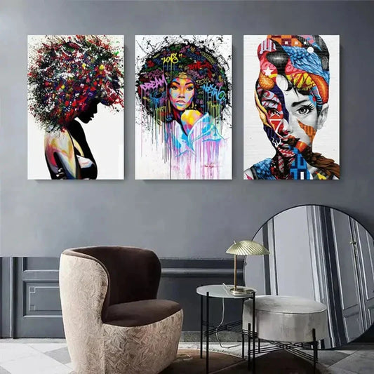 3pcs Abstract Graffiti Portrait Colorful Hair Metal Print Ready to Hang Art