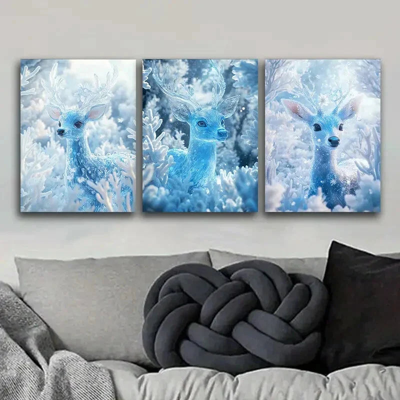 3pcs Deer with Ice-Blue Frost, Metal Print Ready to Hang Art