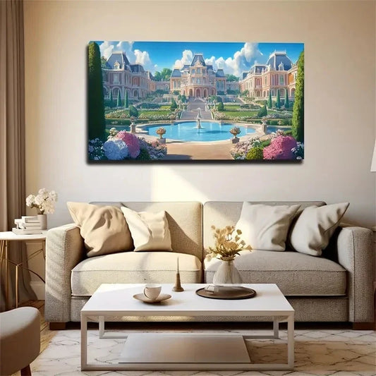 Villa Area Fountain Space Wall Art Canvas Office Home Room Framed 120x60cm