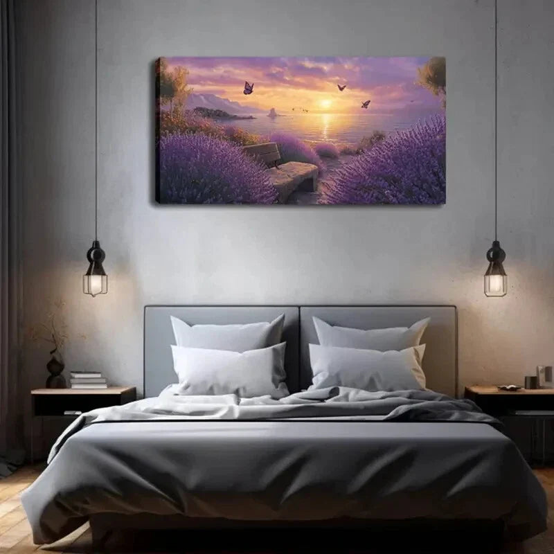 Sunset Over Lavender Field Hues Wall Art Canvas Office Home Room Framed 120x60cm