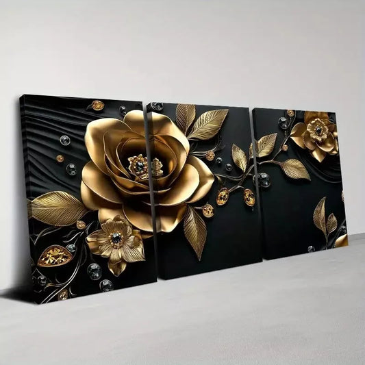 3pcs Classical Golden And Black   Flowers Wall Art Set Canvas Framed 40x60cm - High Quality Print 100% Australian Made Wall Canvas Ready to Hang