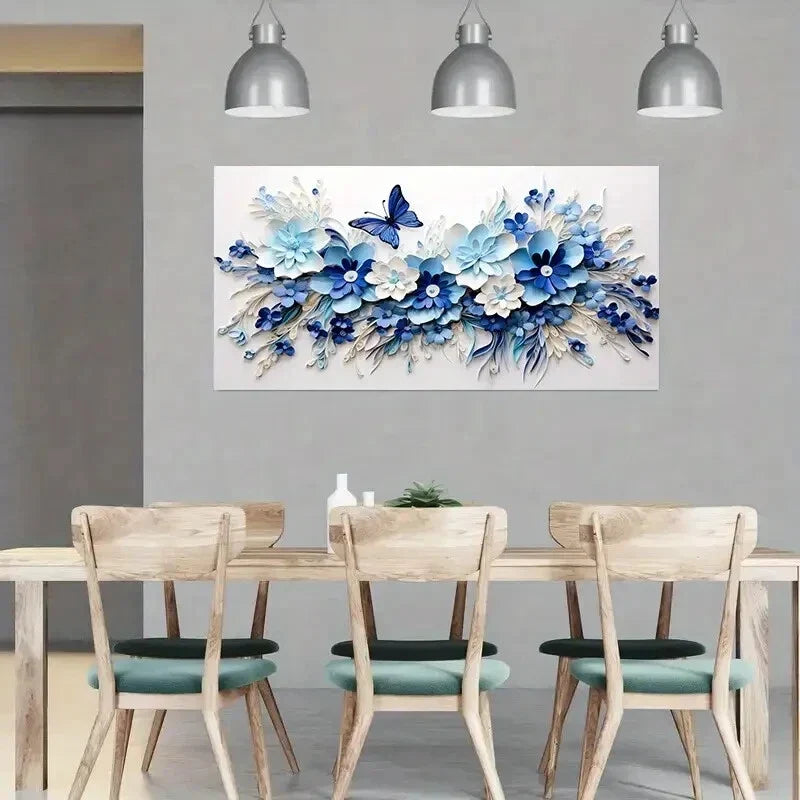 Blue Floral & Butterflies wall canvas office home room framed 120x60cm