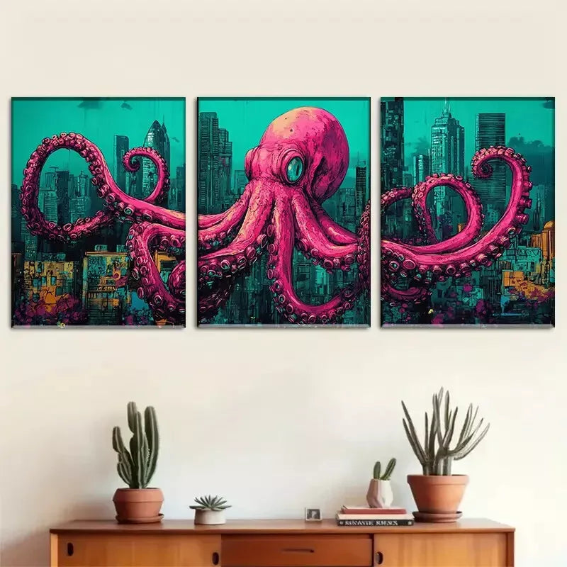 3pcs  vividly colored pink Urban Octopus Fantasy Wall Art Set Canvas Framed 40x60cm - High Quality Print 100% Australian Made Wall Canvas Ready to Hang