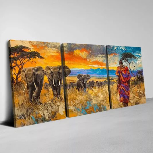 3pcs Vintage Colorful Nature African Elephants Wall Art Set Canvas Framed 40x60cm - High Quality Print 100% Australian Made Wall Canvas Ready to Hang