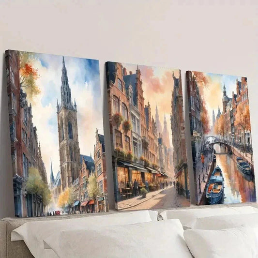 3pcs Autumn Streets of Amsterdam Landscape Wall Art Set Canvas Framed 40x60cm - High Quality Print 100% Australian Made Wall Canvas Ready to Hang