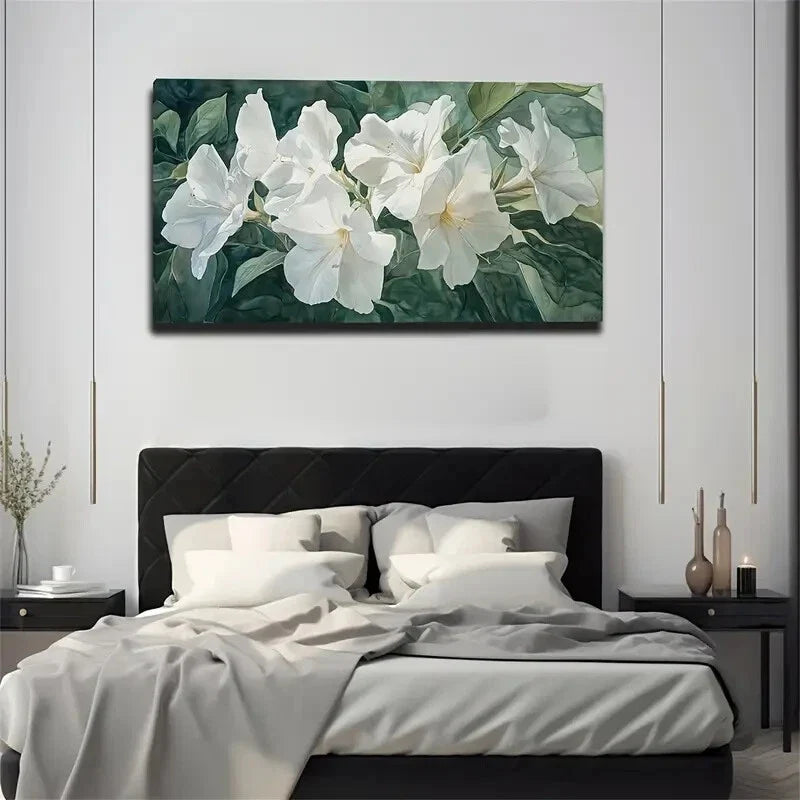 White Flowers with Green Leaves Wall Art Canvas Office Home Room Framed 120x60cm