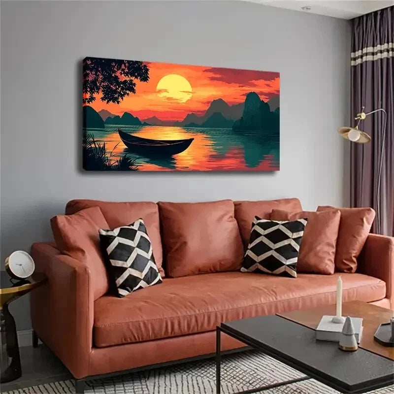 Realistic Sunset Landscape Boat Wall Art Canvas Office Home Room Framed 120x60cm