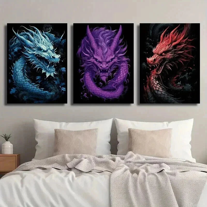 3pcs Blue Purple & Red Vibrant Dragons Wall Art Set Canvas Framed 40x60cm - High Quality Print 100% Australian Made Wall Canvas Ready to Hang