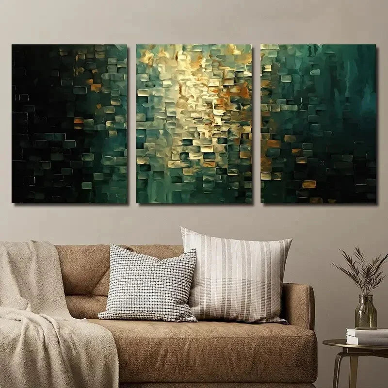 3pcs Vintage Golden And Dark Teal Geometric Wall Art Set Canvas Framed 40x60cm - High Quality Print 100% Australian Made Wall Canvas Ready to Hang