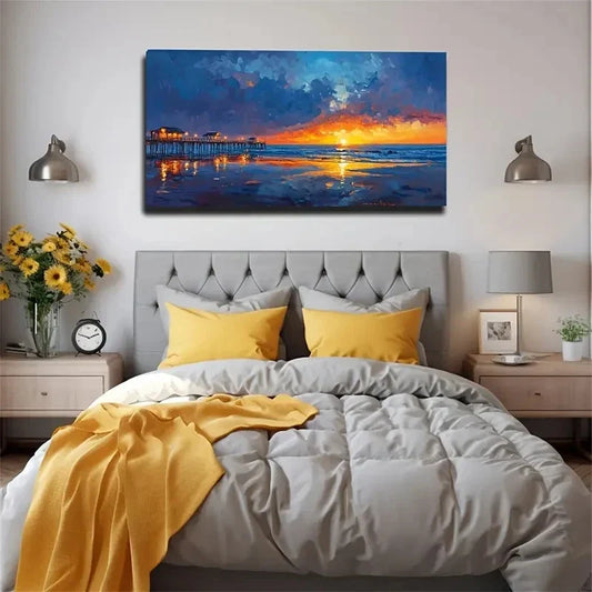 Sunset Seaside Vacation House Wall Art Canvas Office Home Room Framed 120x60cm
