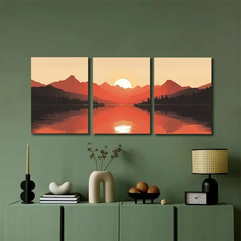 3pcs Warm Mountain Sunrise Wall Art Set Canvas Framed 40x60cm - High Quality Print 100% Australian Made Wall Canvas Ready to Hang