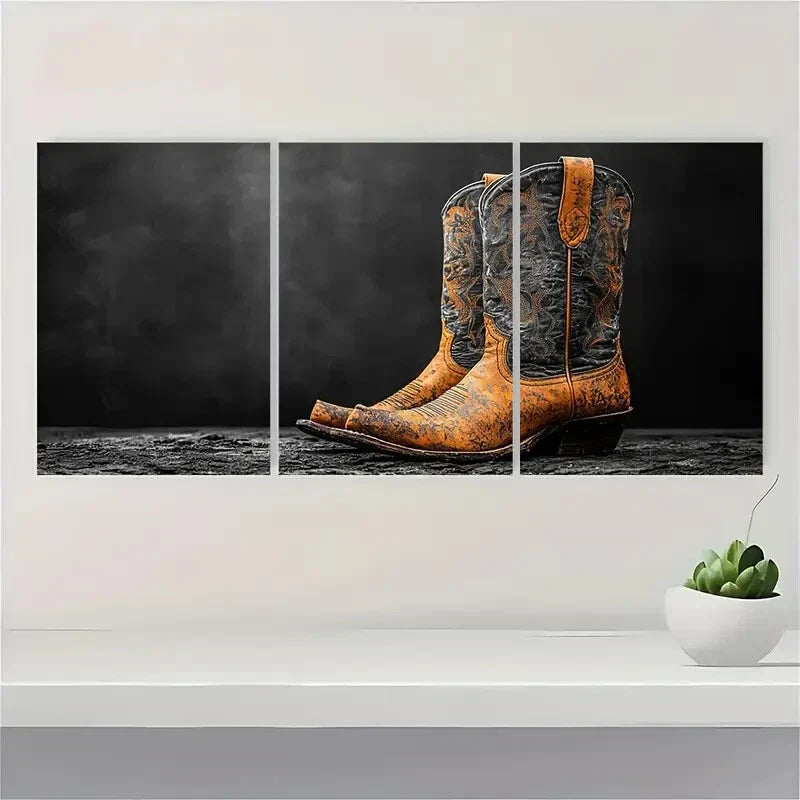 3pcs Retro Western Cowboy Boots Black Metal Print Ready to Hang Art