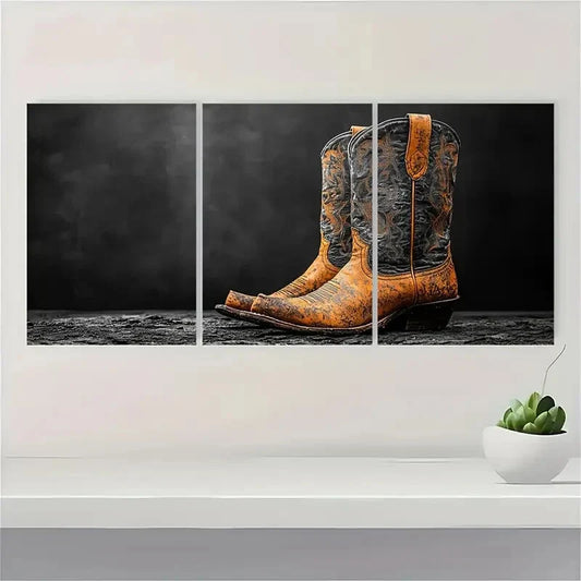 3pcs Retro Western Cowboy Boots Black Metal Print Ready to Hang Art