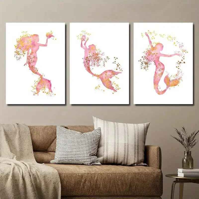 3pcs Pink and Golden Mermaid Wall Art Set Canvas Framed 40x60cm - High Quality Print 100% Australian Made Wall Canvas Ready to Hang