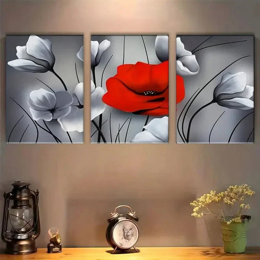 3pcs Red &amp; White Black Lines Flowers Metal Print Ready to Hang Art