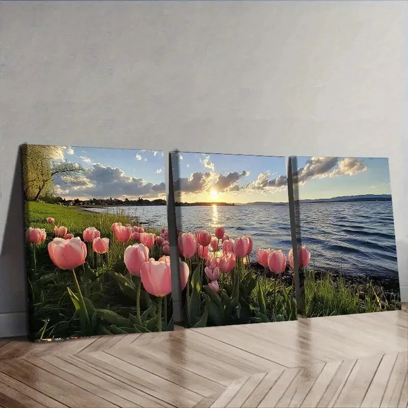 3pcs Tulip Sunset Scene Sun Colorful Perfect Wall Art Set Canvas Framed 40x60cm - High Quality Print 100% Australian Made Wall Canvas Ready to Hang