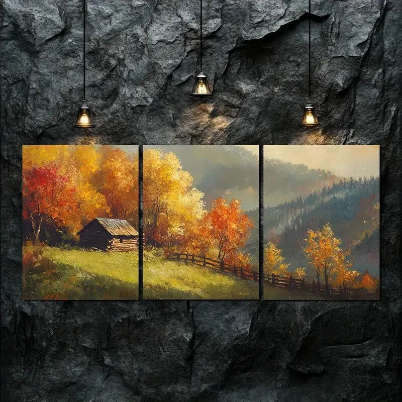 3pcs Autumn Wooden House Nature Colorful Perfect Wall Art Set Canvas Framed 40x60cm - High Quality Print 100% Australian Made Wall Canvas Ready to Hang