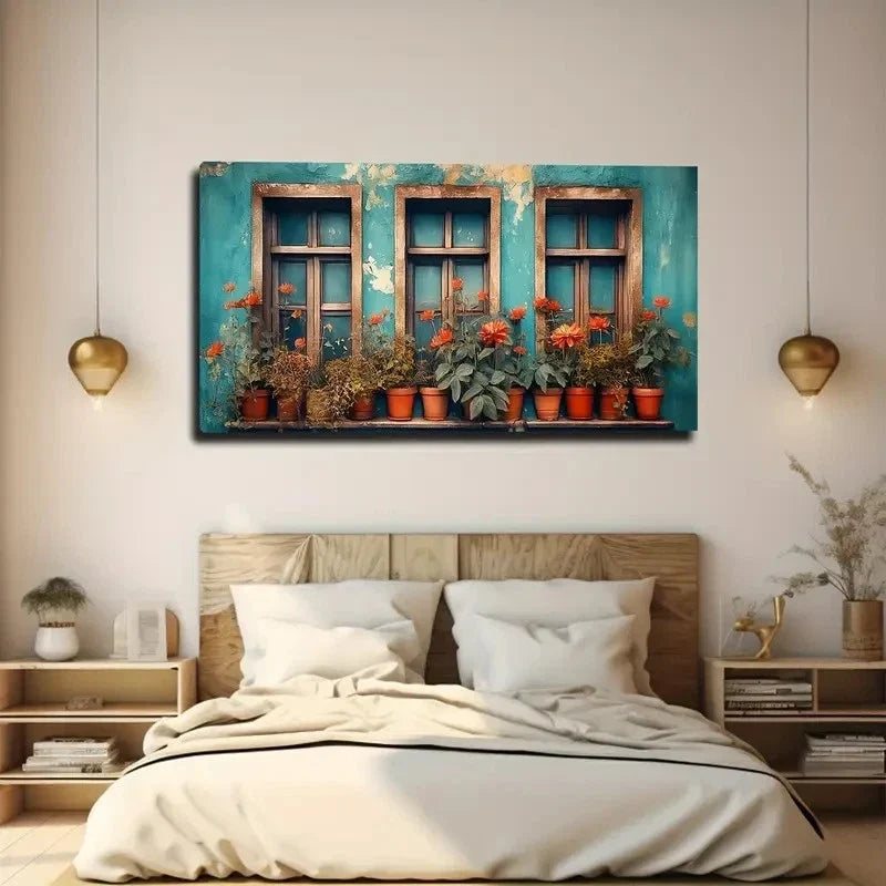 Windowsill Plants Roses Wall Art Canvas Office Home Room Framed 80x45cm
