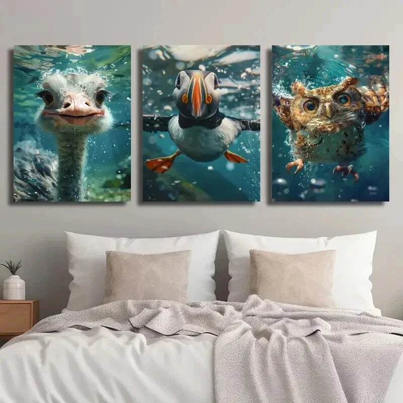 3pcs Ostrich Atlantic Puffin & Owl Underwater Wall Art Set Canvas Framed 40x60cm - High Quality Print 100% Australian Made Wall Canvas Ready to Hang