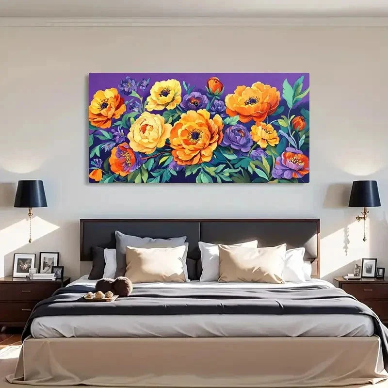 Vibrant Orange & Yellow Peonies Wall Art Canvas Office Home Room Framed 120x60cm
