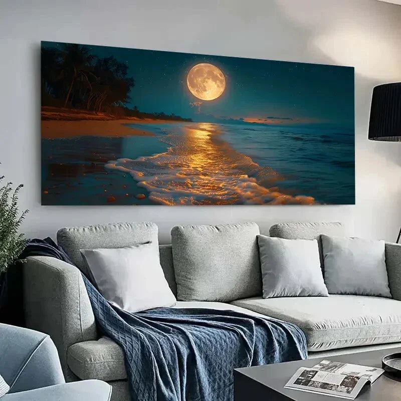 Moon on Beach Natural Night Wall Art Canvas Office Home Room Framed 80x45cm