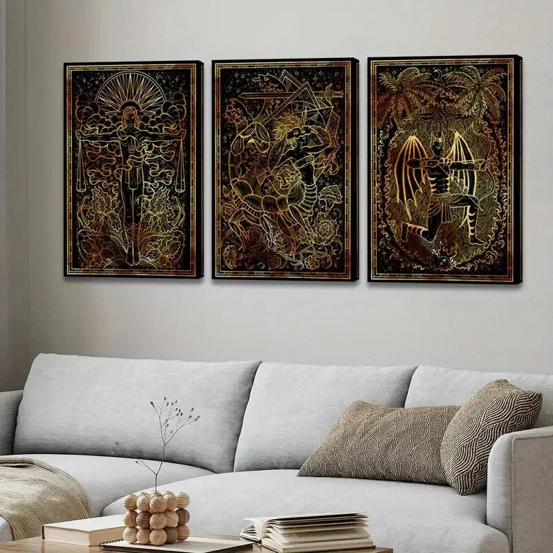 3pcs Vintage European Retro Twelve Zodiac Signs Wall Art Set Canvas Framed 40x60cm - High Quality Print 100% Australian Made Wall Canvas Ready to Hang