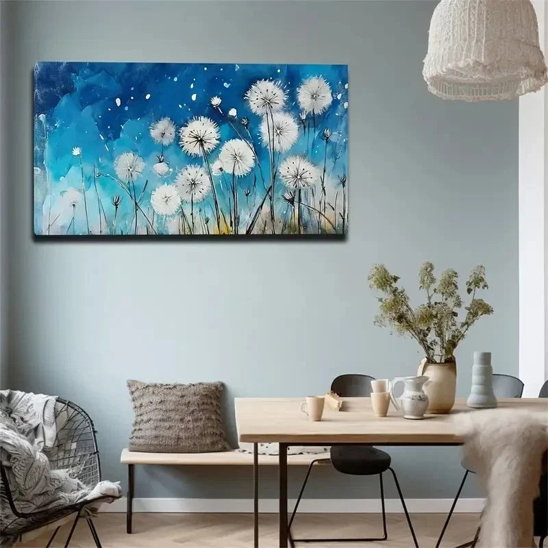 White Dandelion Design Wall Art Canvas Office Home Room Framed 120x60cm