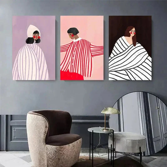 3pcs Minimalist Figures with Stripes and Bold Metal Print Ready to Hang Art