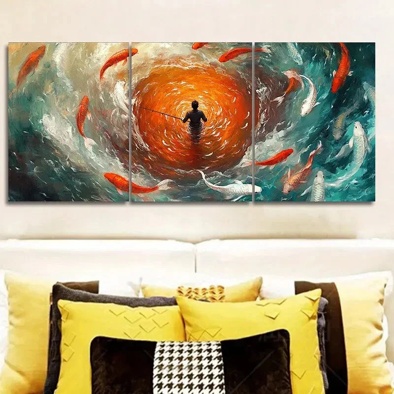 3pcs Fisherman, koi Art Painting Metal Print Ready to Hang Art