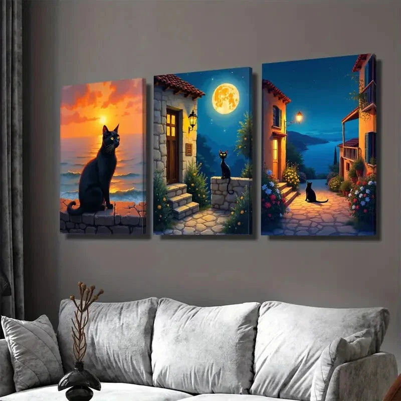 3pcs Black Cat Sunset & Moonlit Village Houses Wall Art Set Canvas Framed 40x60cm - High Quality Print 100% Australian Made Wall Canvas Ready to Hang