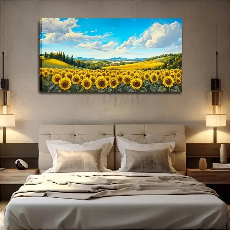 Sunflower Field Rolling Hcills Wall Art Canvas Office Home Room Framed 120x60cm