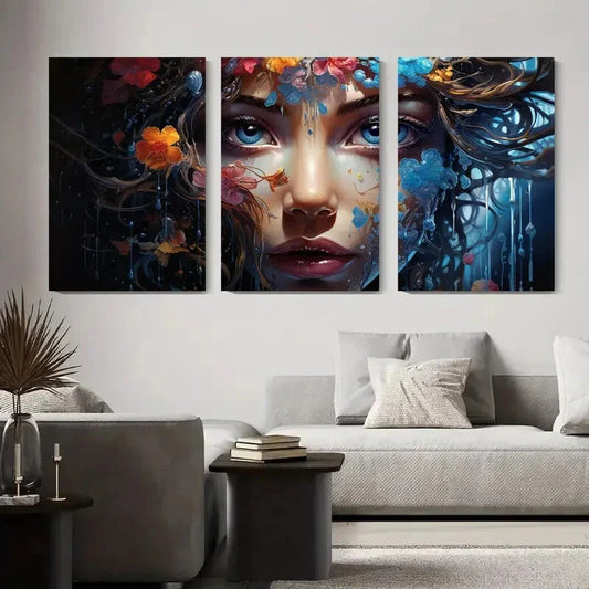3pcs Surreal Drip Paint Flower Face Metal Print Ready to Hang Art