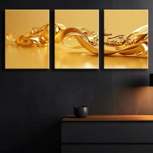 3pcs Stunning Golden Luxurious Metal Print Ready to Hang Art