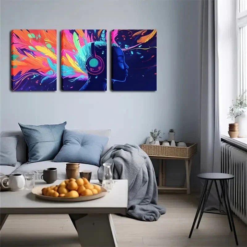 3pcs Vibrant Music Headphones Dreamlike Abstract  Wall Art Set Canvas Framed 40x60cm - High Quality Print 100% Australian Made Wall Canvas Ready to Hang