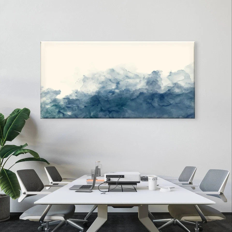 Indigo Blue Watercolour Ink Wash Wall Art Canvas Office Home Framed 120x60cm