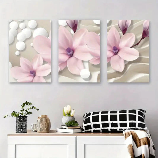 3pcs Pastel Pink Blossom Abstract Flower Metal Print Ready to Hang Art