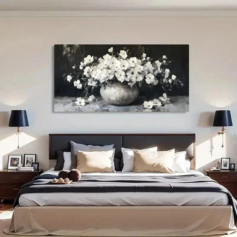 Elegant White Flowers Vintage Wall Art Canvas Office Home Room Framed 80x45cm