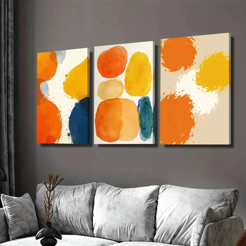 3pcs Vibrant Abstract Watercolor Orange, Blue Wall Art Set Canvas Framed 40x60cm - High Quality Print 100% Australian Made Wall Canvas Ready to Hang