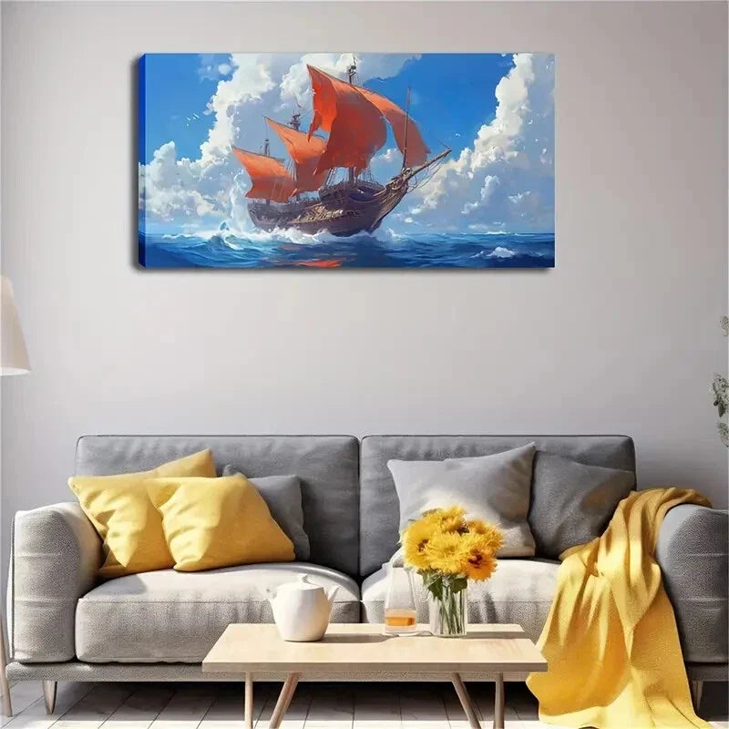 Vibrant Red Sailboat Blue Ocean Wall Art Canvas Office Home Room Framed 120x60cm