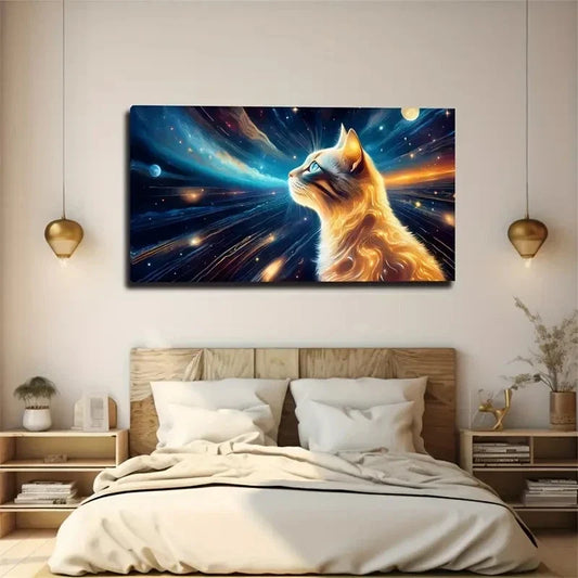 Cat In Space Aesthetic Wall Art Canvas Office Home Room Framed 120x60cm
