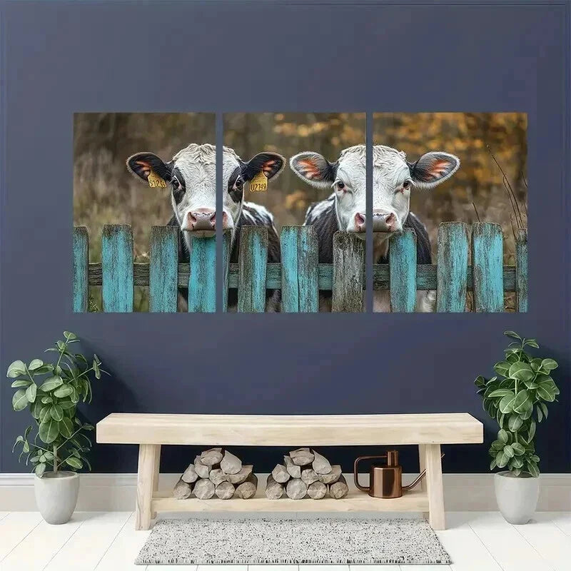 3pcs Rustic Cows Peeking Through Fence Wall Art Set Canvas Framed 40x60cm - High Quality Print 100% Australian Made Wall Canvas Ready to Hang